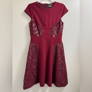 Adrianna Papell Dress Fit Flare Cap Sleeve Lace Like Paneling Burgundy Medium